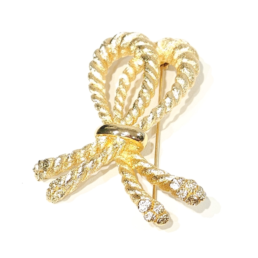 Christian Dior Vintage Gold Tone Rope Bow Ribbon Brooch Pin 1980s
